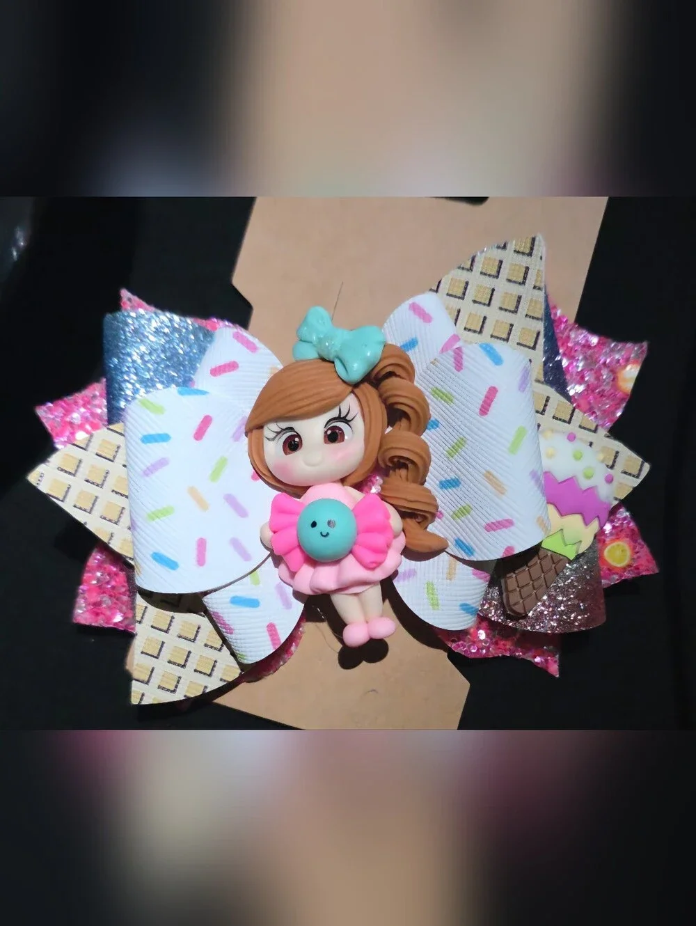 Handmade Pink Girl Doll Hair Bow with Sprinkles Accent